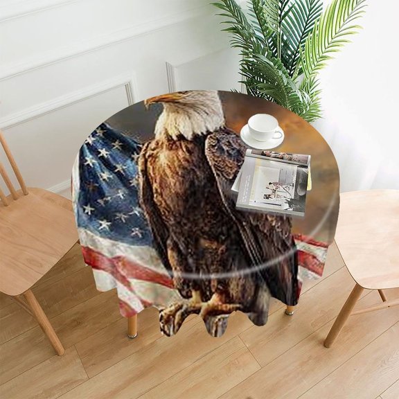 RKSupls 60 Inch Round Tablecloth, Eagle American Flag Premium Polyester Straight Edge Wrinkle Resistant Washable Table Cover for Party Home Dining Decor