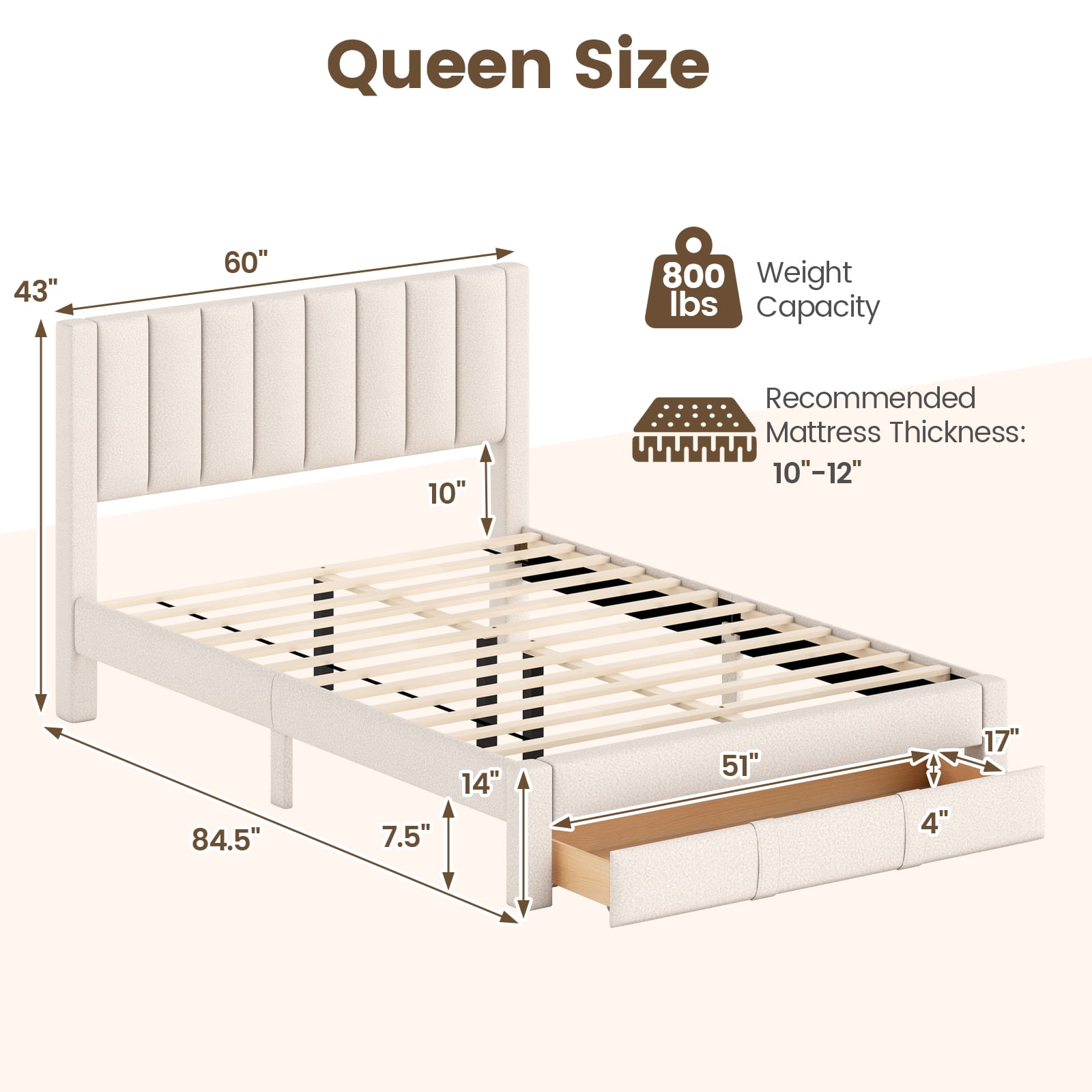 Gymax Queen Size Bed Frame w/Storage Drawer & Vertical Channel Headboard Beige