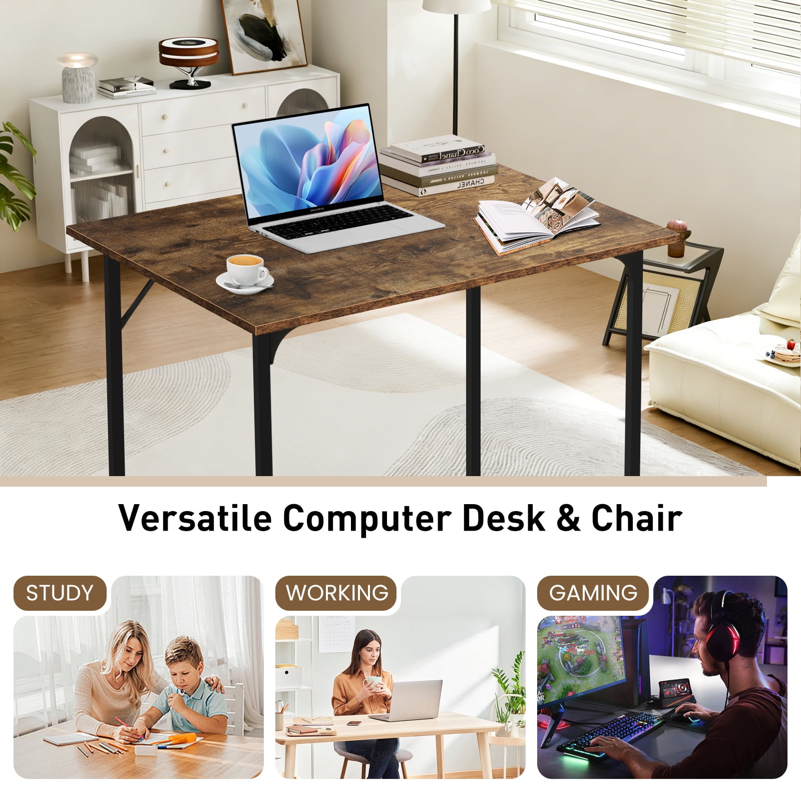 Dkelincs 32 inch Computer Desk and Chair Set Home Office Modern Wood Study Desk & Mesh Ergonomic Height Adjustable Office Chair for Small Spaces, Vintage & Black