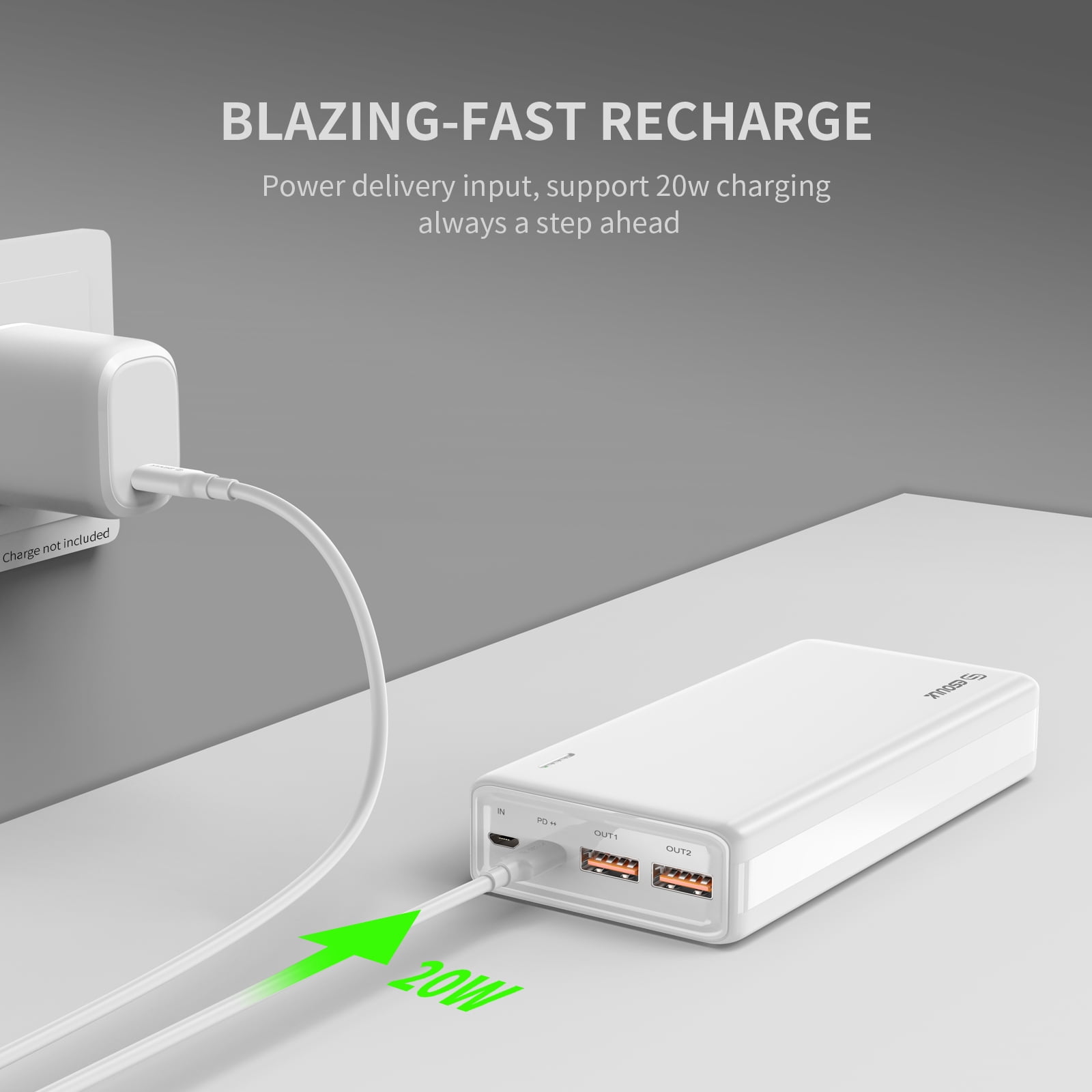 Esoulk 20000mAh PD 20W QC 22.5W Power Bank, White Portable Charger