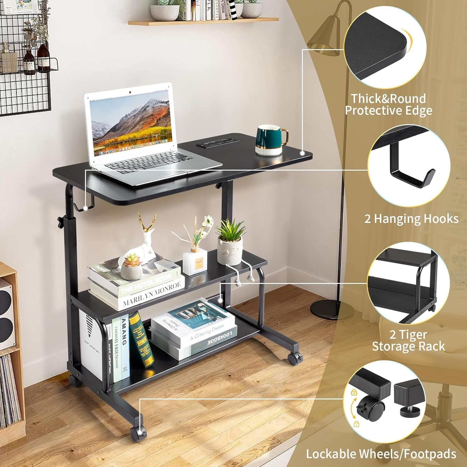 JessieMal 31.5" Portable Rolling Desk on Wheels,Height Adjustable Standing Desk with 2 AC Outlets/3 USB Ports,Mobile Laptop Table with Hooks and Storage Shelves for Home Office，Black