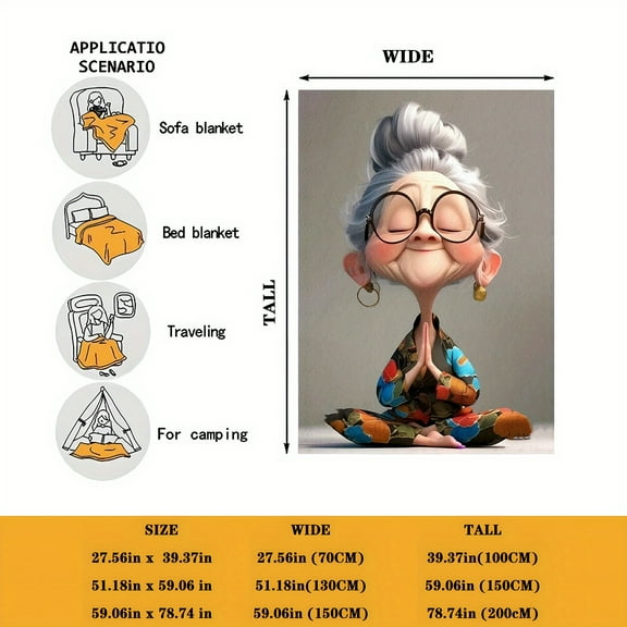 1pc Cozy Grandma Gift Blanket - Contemporary Style Soft Warm Flannel Fleece with Fashionable Meditating Grandma Print, Multi-Purpose for Nap, Travel, Camping