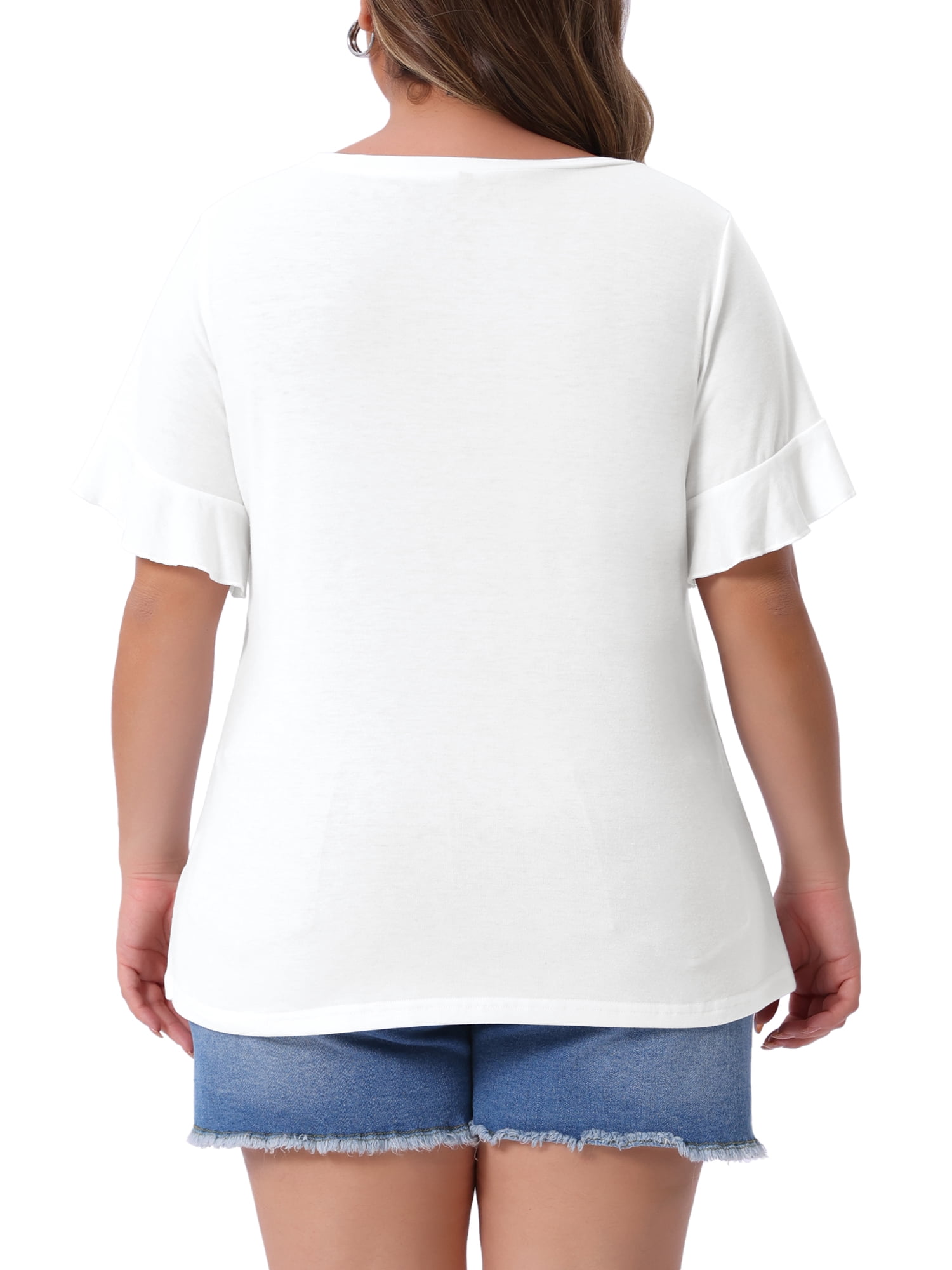 DARING DIVA Women's Plus Plain Crew Neck Ruffle Short Sleeves Blouse 4X White