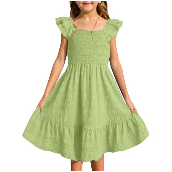 QTOCIO Toddler Girls Dresses, Baby Girl Summer Clothes, Girls Summer Dresses Cute Double Layer Ruffle Sleeve Smocked Flowy Dress, Green, 7 Years