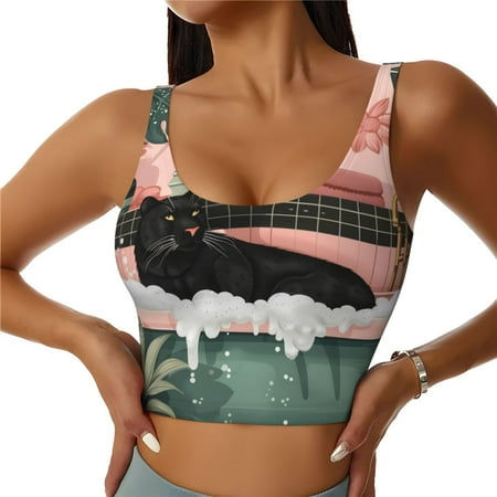 Fotbe Black Cat Pink Bathroom Pattern Womens  Sports Bra Longline Wirefree Padded with Medium Support Sports Moisture-Wicking Workou Vest Tank Top-
