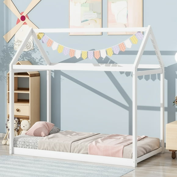 Euroco Twin Wood House Bed Frame with Roof for Kids Teens, White
