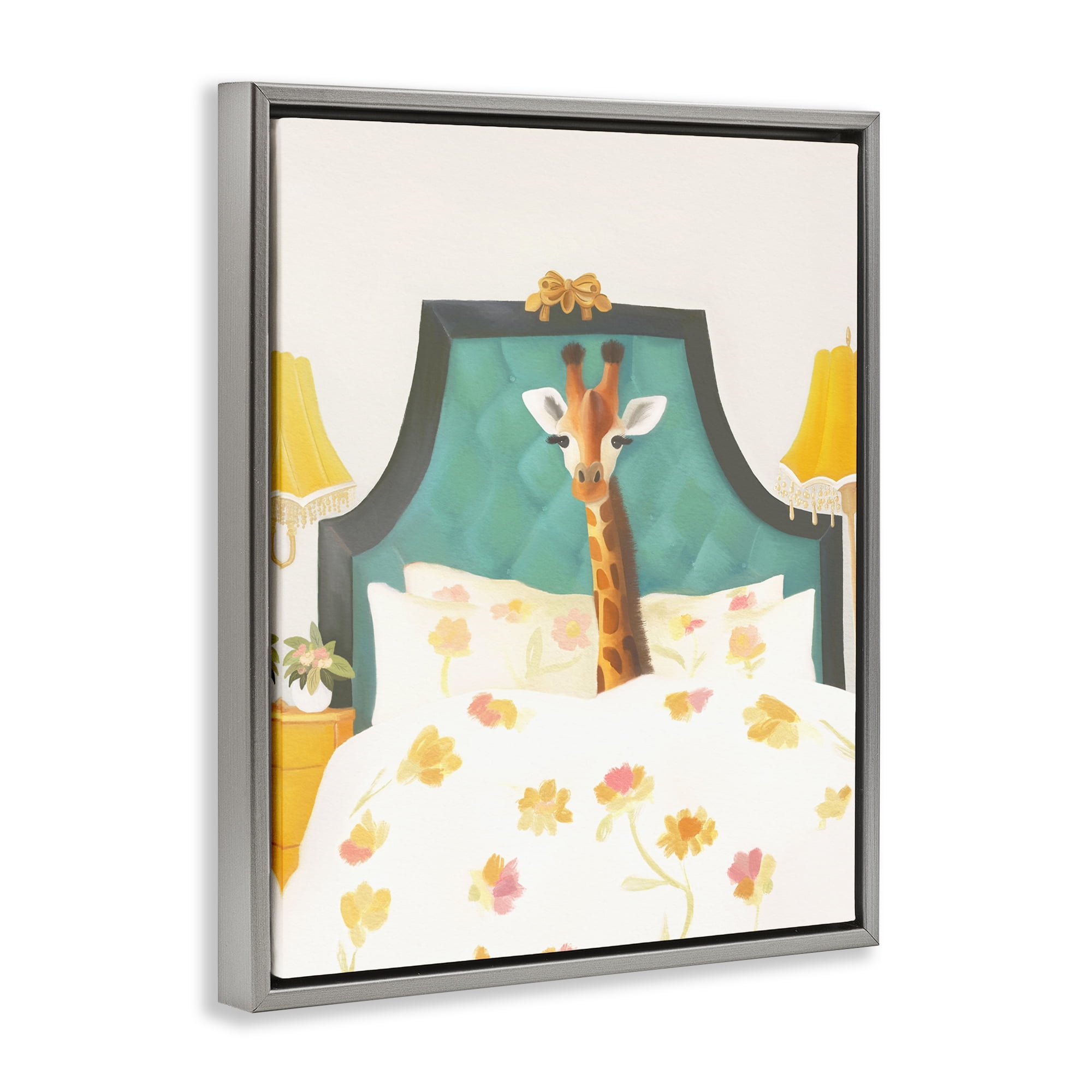 Good Morning Giraffe in Bed Gray Framed Floater Canvas Wall Art, design by Leah Straatsma