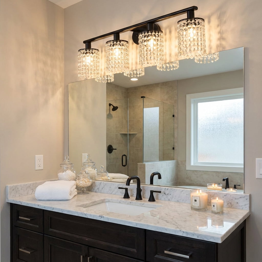 Vanity Light for Bathroom, 4-Light Black Crystal Vanity Fixture, Modern Wall Sconce over Mirror, 1-Pack