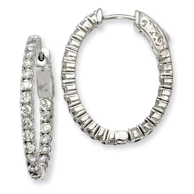 Sterling Silver Rhodium-plated CZ Hinged Oval Hoop Earrings QE7995