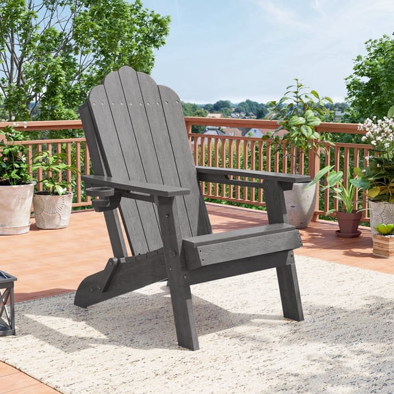 CHYVARY Foldable Adirondack Chair, Heavy Duty HDPE Patio Furniture with Cup Holder, Weather Resistant Deck Seating, 350lbs Capacity, Gray
