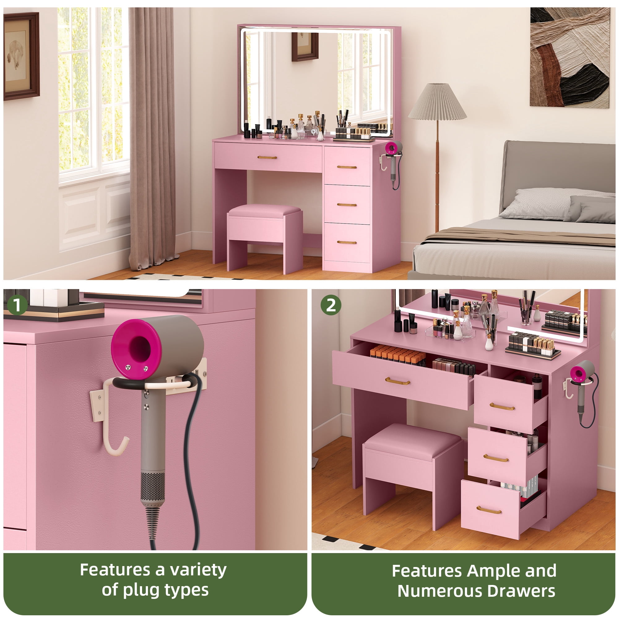 Uforic 4 Drawers Makeup Desk with LED Mirror, Vanity Table with Power Strip, Stool, Pink