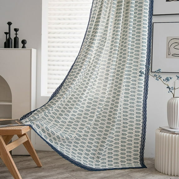 2pcs Blue Lace Edge Curtains Cotton Linen Curtains Wheat ear Pattern 59" W x 63" L