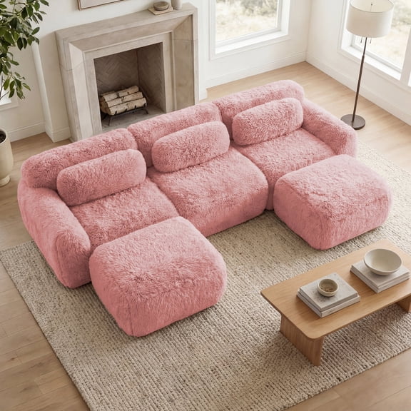 Homefun U-Shaped Boneless Sofa Modular with Chaise Free Combination High Density Sponge Deep Seat Design For Home Theater,Pink