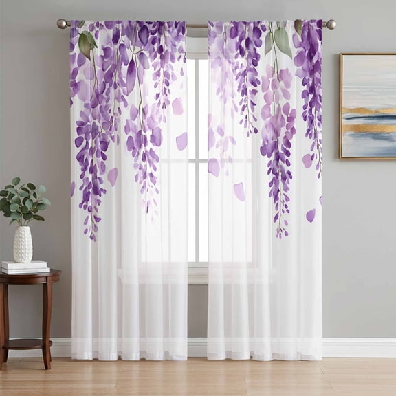 Wisteria Flowers Semi Sheer Curtains 63 Inch Length 2 Panels Set, Purple Floral Warercolor Summer Sheer Kitchen Curtain Privacy Voile Window Curtain for Living Room Bedroom Rod Pocket Drapes