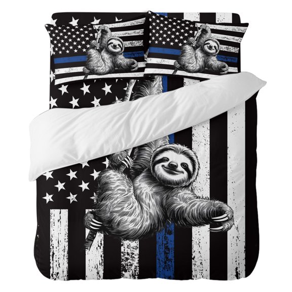 Duvet Cover Set California king Size 4 Pieces, American Flag Law Enforcement Thin Blue Line Comforter Cover Soft Bedding Sets, Animal Sloth Bed Set Include 1 Duvet Cover, 2 Pillow Shams, 1 Bed Sheet