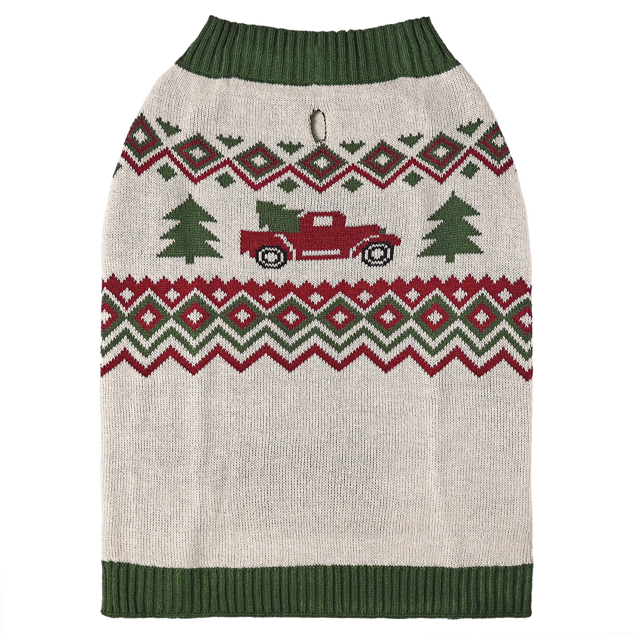 Vibrant Life Holiday Truck Hooded Dog Sweater, Beige & Green, Large