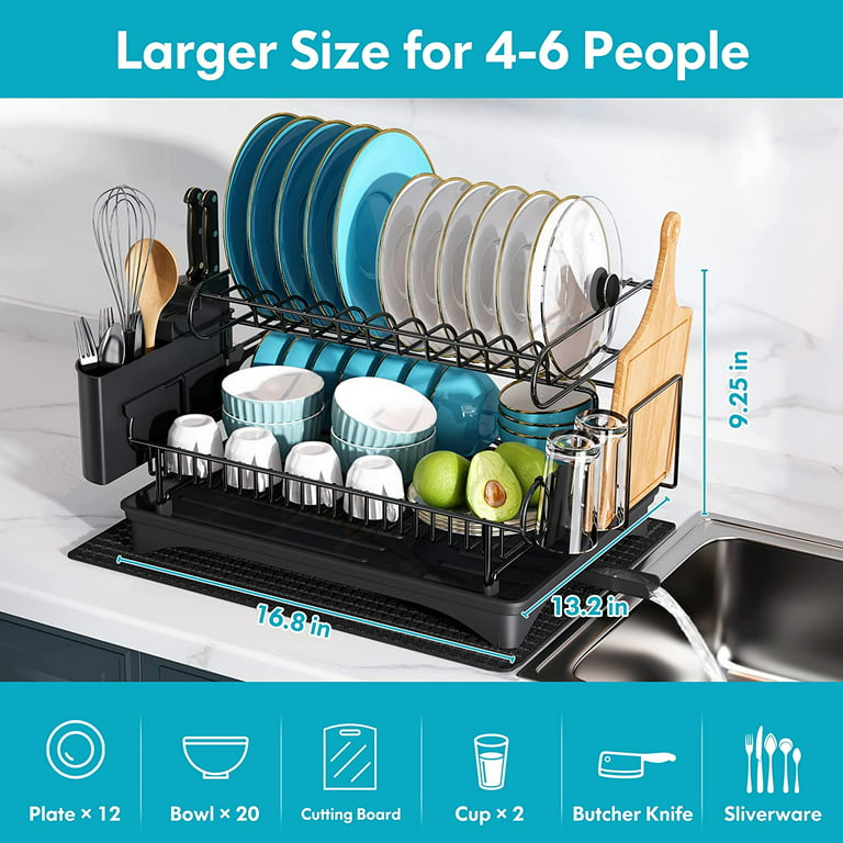  Dish Drying Rack and Drainboard Set, 304 Stainless Steel Large  2 Tier Dish Rack with Auto-draining Tray and Drying Mat for Kitchen Counter  Dish Drainers with Utensil Holder, Cutting Board