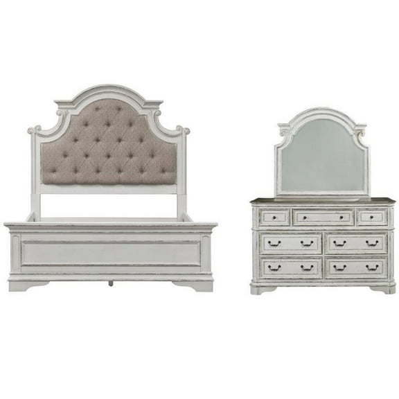 2 Piece Bedroom Set with King Bed and Mirror Dresser in Antique White