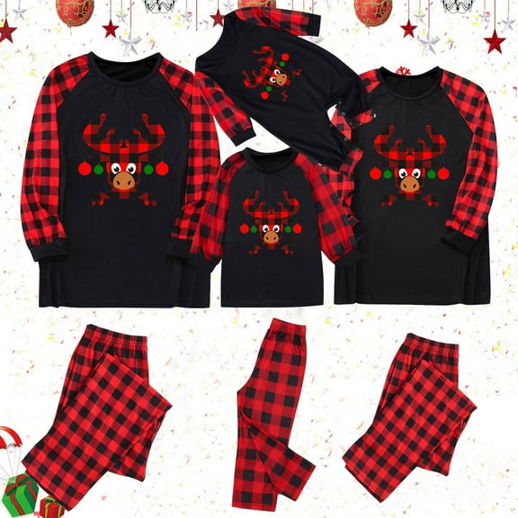 Odeerbi Christmas Pajamas for Family Holiday Plaid Long Sleeve Family Christmas Pajamas Matching Sets Dad Casual Plaid Print Tops Pants Set Two-Piece Sleepwear Xmas PJs Set Black