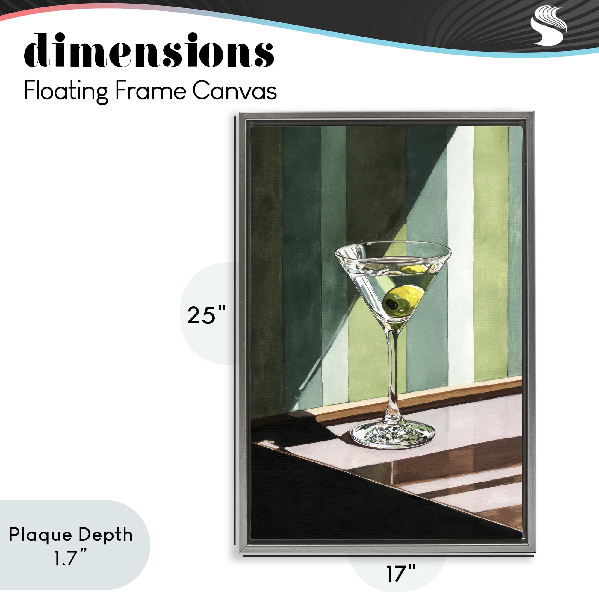 Stupell Industries Olive Martini in Sun Beam Gray Framed Floater Canvas Wall Art, design by Petal Prints Design
