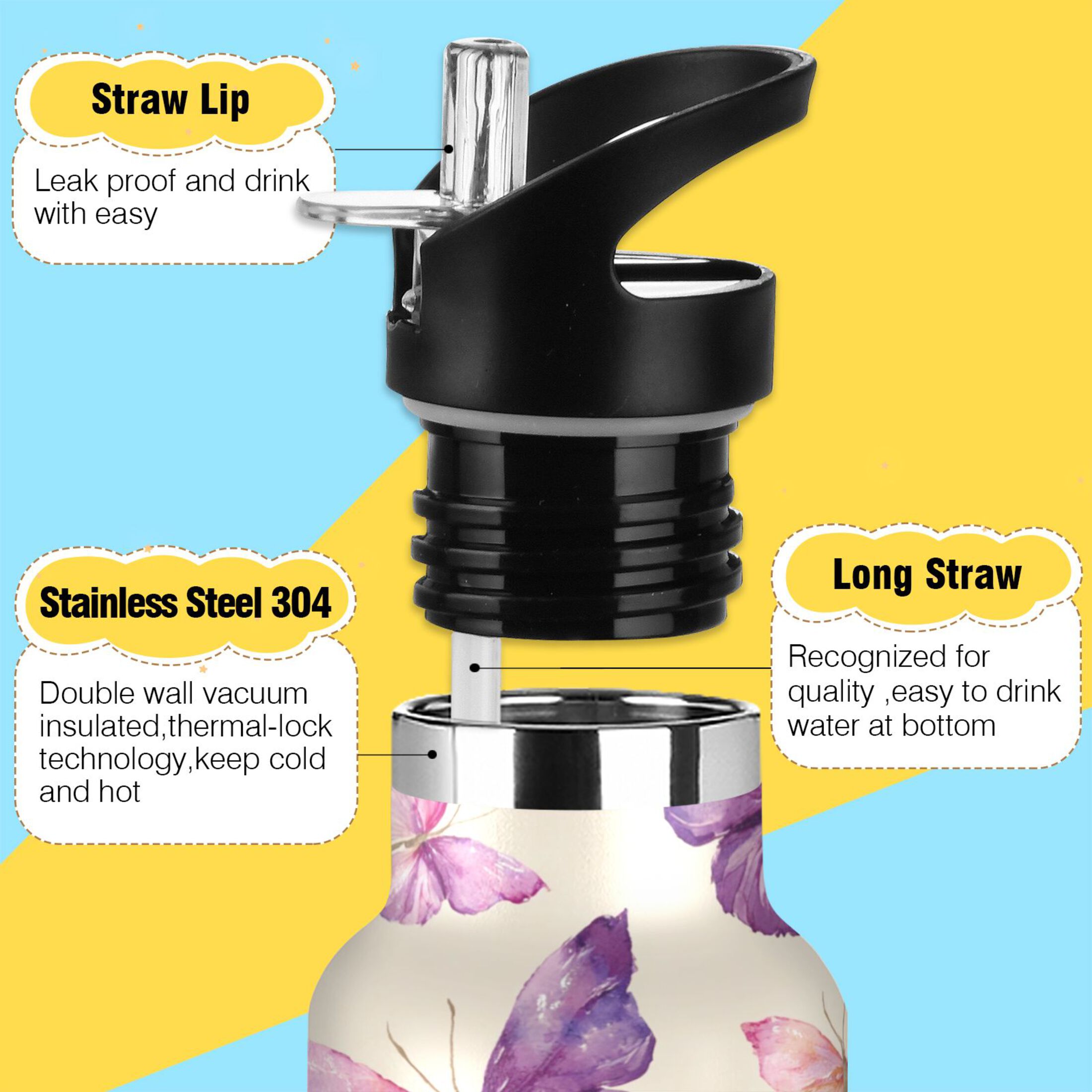 600ML Stainless Steel Insulated Cup Sports Water Bottle Portable Thermos Cup Water Glasses Insulated Tumblers Convenient and Durable Beautiful Purple Butterfly
