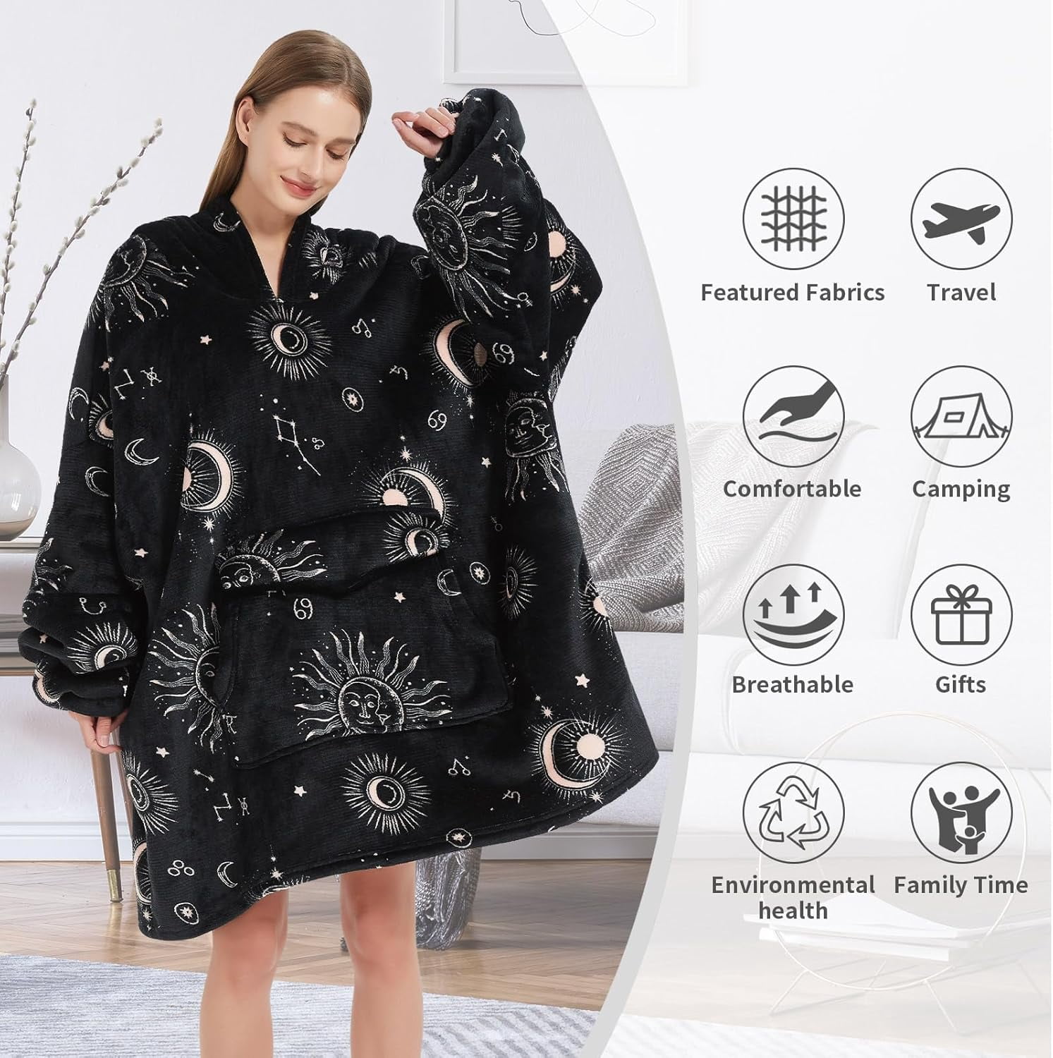 Sun and Moon Blanket Hoodies for Women and Men Adult Oversize Wearable Blanket Hoodies for Soft and Warm