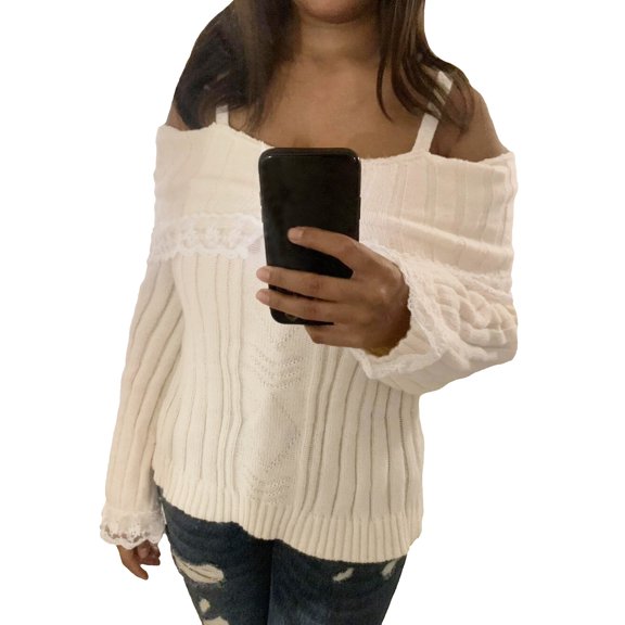Ediodpoh Women off Shoulder Top Long Sleeve Lace Knit Shirt Fashion Cute Solid Pullover Sweater Knit Tops for Women White M