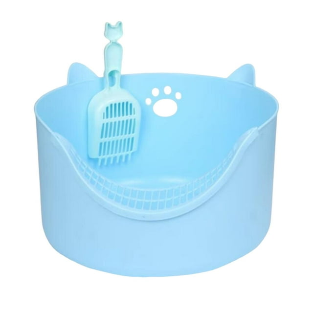 Caja de arena para gatos con pala, bandejas de arena para mascotas con lados altos, duraderas, fáciles de limpiar, orinal portátil, bandejas de arena Azul