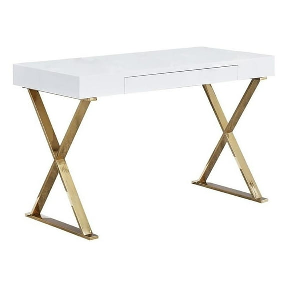 Bowery Hill Modern Wood/Stainless Steel Computer Desk in Gold/White