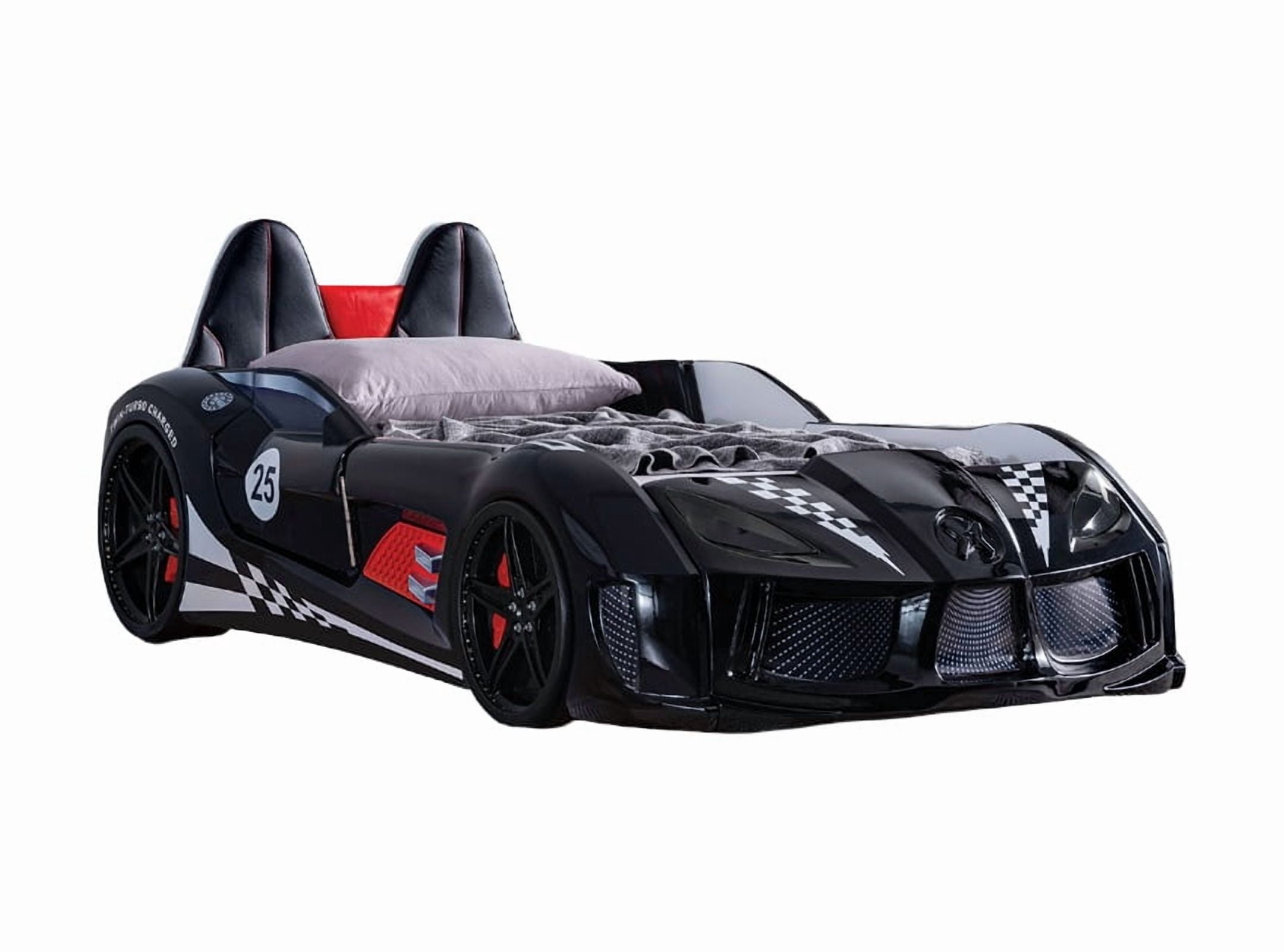 Modern Novelty Style Twin Size Bed Race Car Design Attached Two Magnetic Doors With LED Lights On Wheels And Bottom Upholstery HB Black Finish