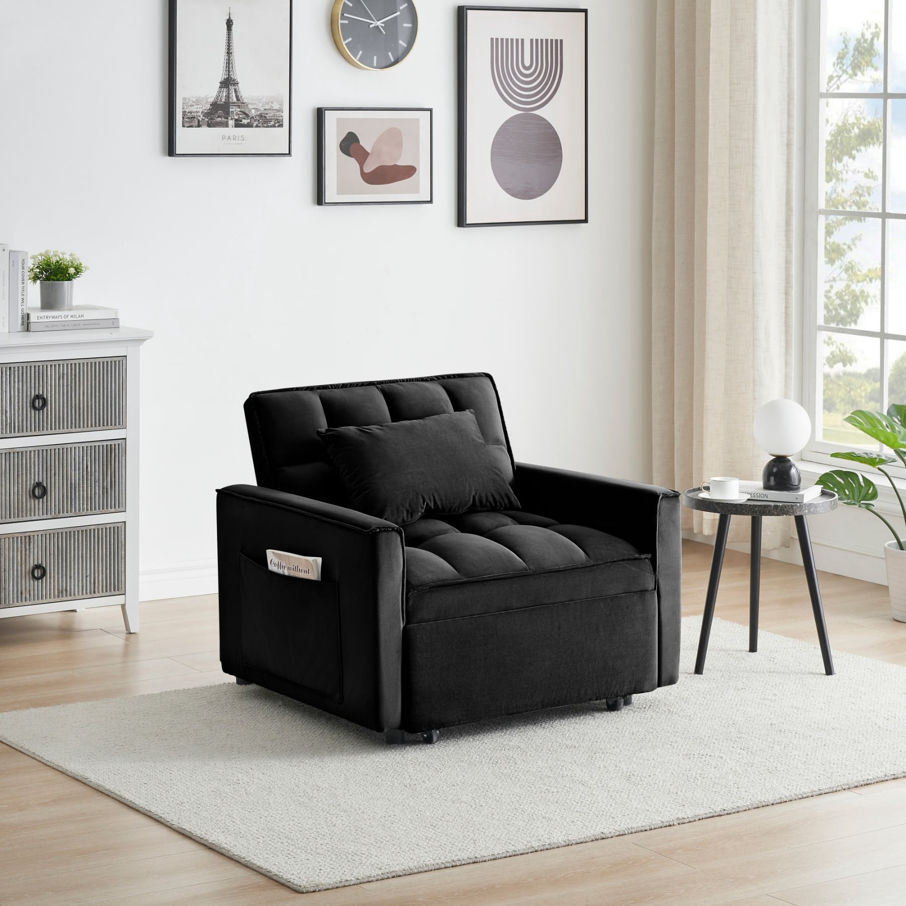 3-in-1 Convertible Sofa Bed Chair, Adjustable Recliner Sleeper Couch for Small Spaces Living Room Office, Black