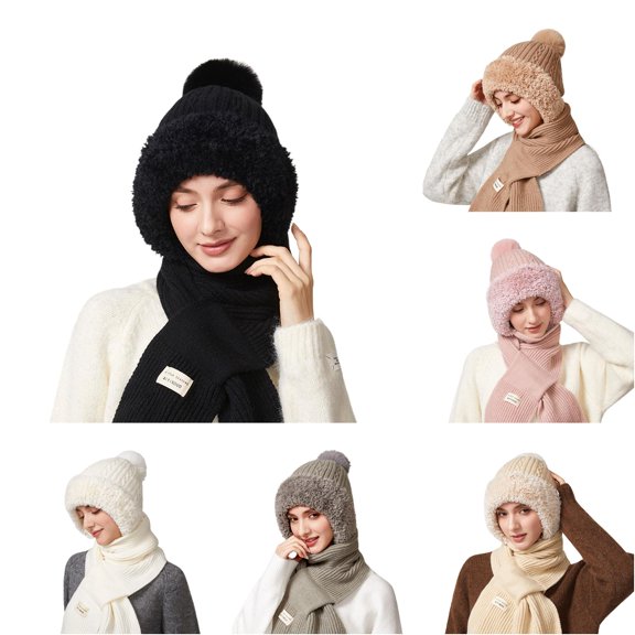 Daznico Cable Knit Lined Ear Flap Beanie and Ribbed Knit Long Scarf 2 Piece Set Thermal Winter Accessories for Ladies Daily Outdoor Activities in Cold Weather