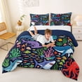 thumbnail image 3 of jejeloiu Underwater World Full Size Comforter Sets,Shark Octopus Coral Bedding Comforter Set For Boys,Colorful Navy,Navy Blue Reversible,3pcs,1 Comforter and 2 Pillowcases, 3 of 7