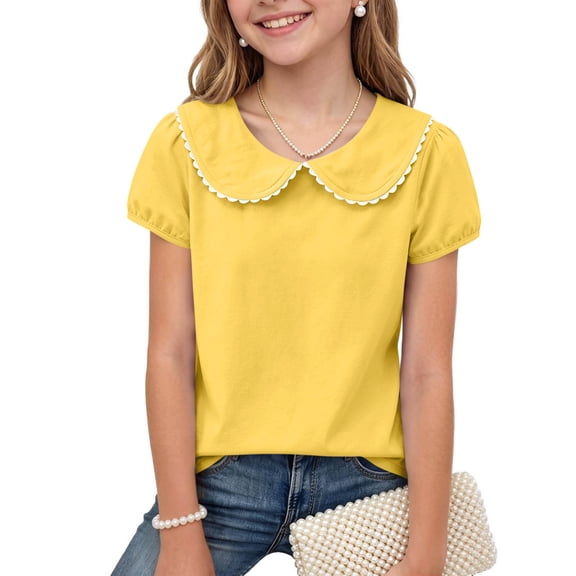 LEKWK Girls Peter Pan Collar Shirt Puff Short Sleeve Crew Neck Collared T Shirts Kid Summer Casual Loose Babydoll Tops Fashion Holiday Vacation Daily Wear