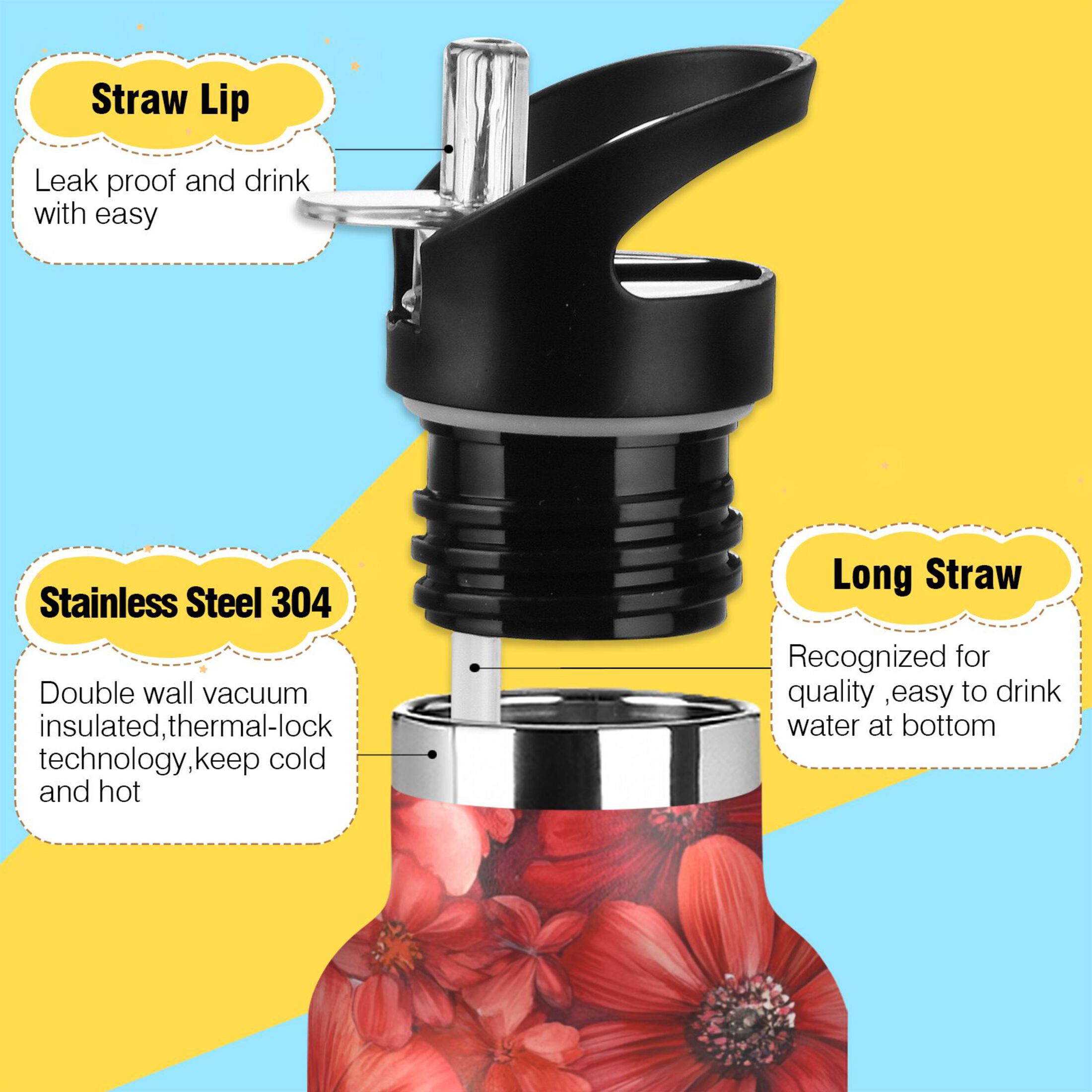 600ML Stainless Steel Insulated Cup Sports Water Bottle Portable Thermos Cup Water Glasses Insulated Tumblers Convenient and Durable Cartoon Red Flowers Seamless