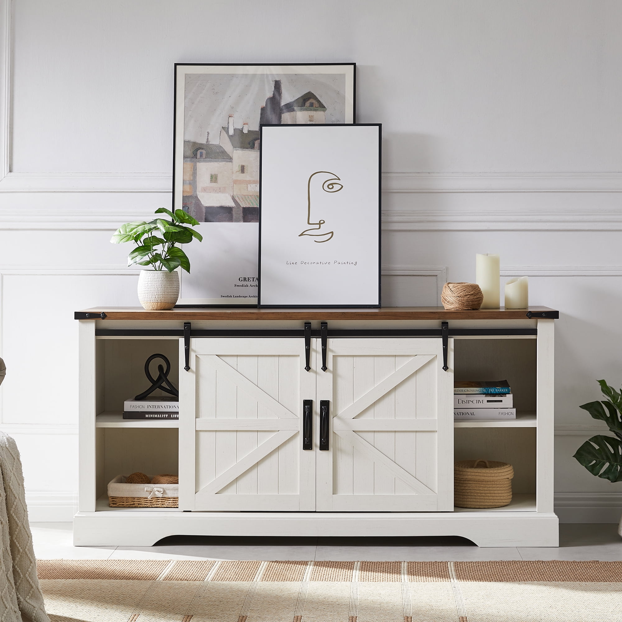 OKD Farmhouse TV Stand for TVs up to 75", Wood Entertainment Center with  Adjustable Shelves, Antique White
