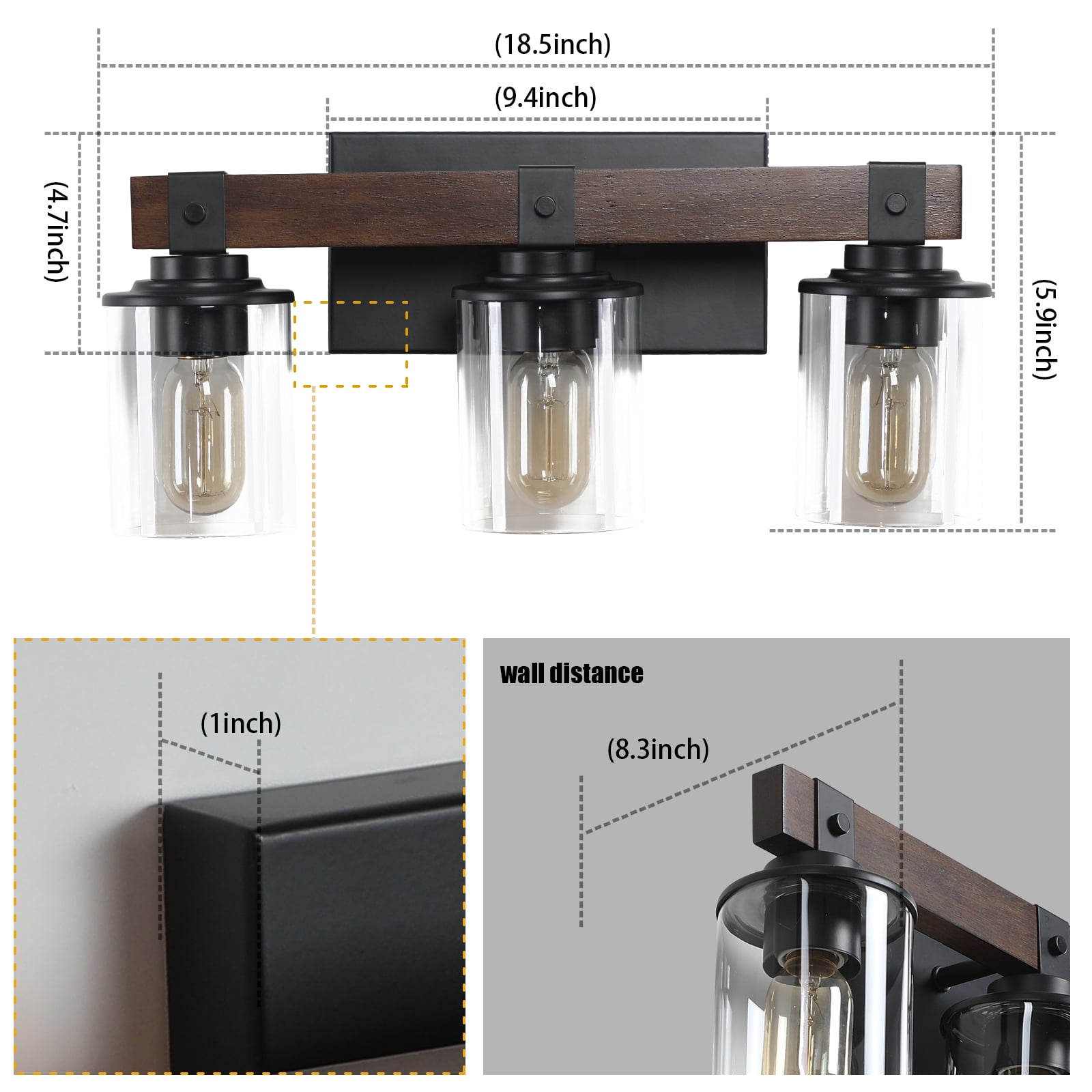3 Lights 18.5inch Bathroom Vanity Light Fixtures , Wooden Farmhouse Vanity Lights Rustic Bathroom Lights Over Mirror with Clear Glass Shade Black Industrial Wall Sconce