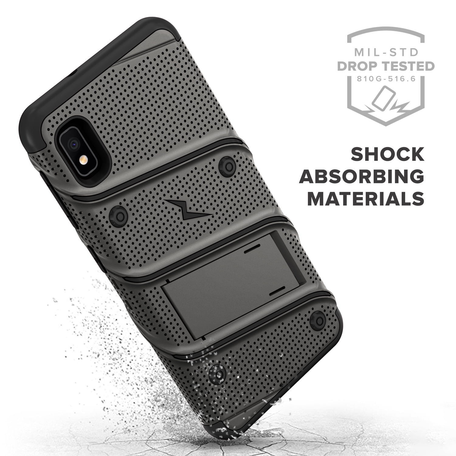 ZIZO BOLT Series for Samsung Galaxy A10e Case | Heavy-duty Military-grade Drop Protection w/ Kickstand Included Belt Clip Holster Tempered Glass Lanyard (Metal Gray/Black)