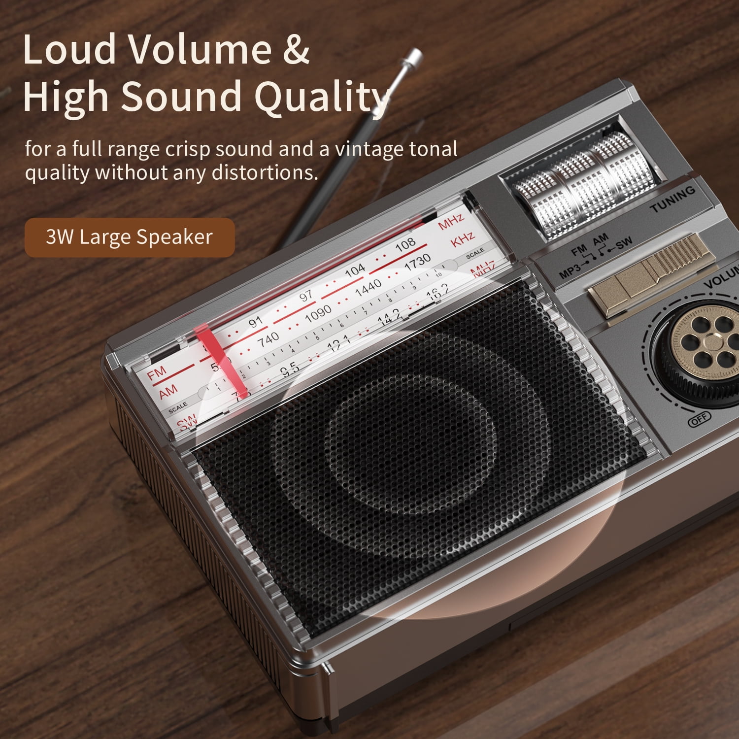 Portable AM FM SW Radio with Reception, Rechargeable & Solar Power, Big Speaker, Large Tuning Knob,Bluetooth, Earphone Jack for Gift, Elder, Home