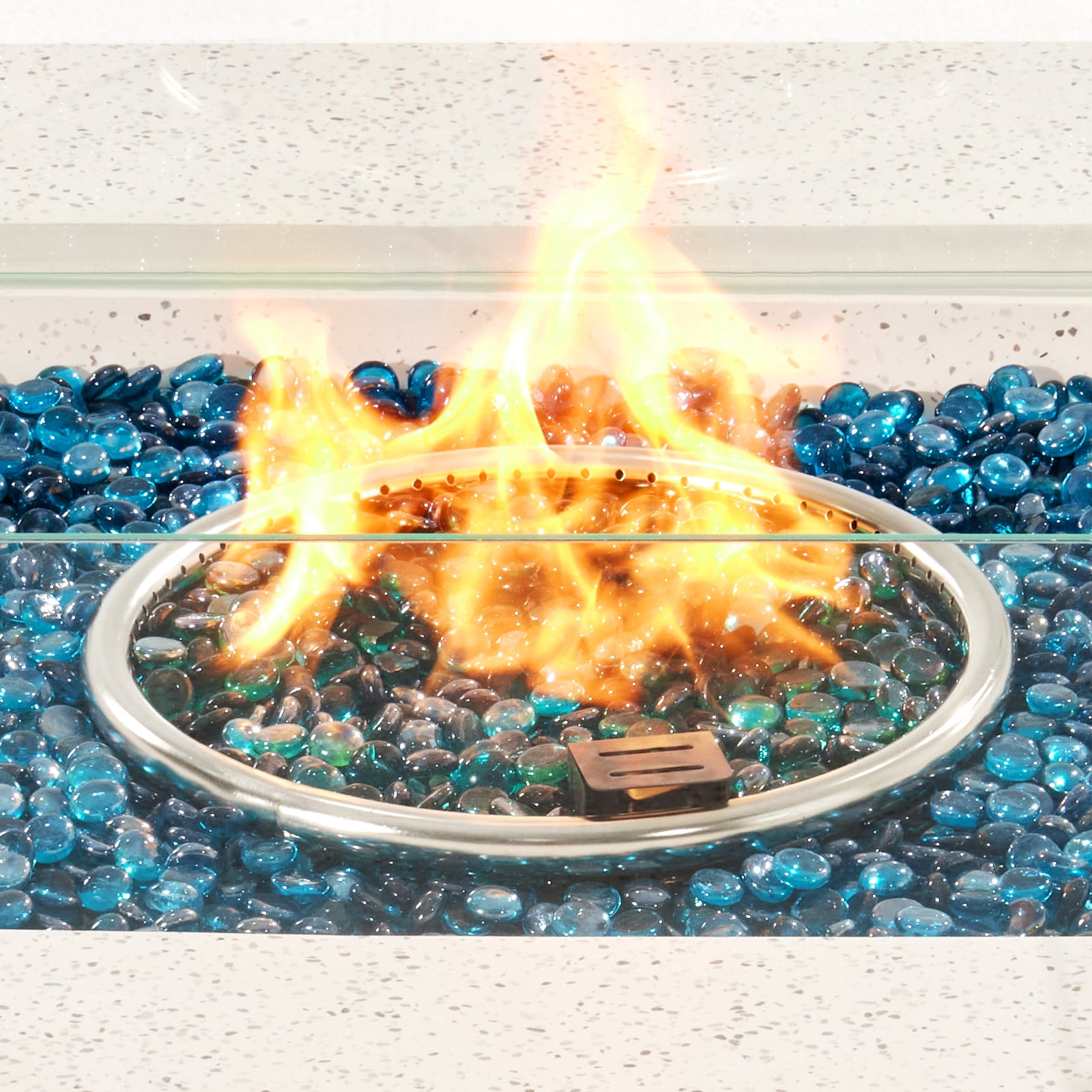 VENTOPYR Outdoor Propane Square Fire Pit Table, Terrazzo White Faux Stone 35-inch Planter Base, 50,000 BTU Stainless Steel Burner, Aqua Blue Fire Glass and Rain Cover, Metal Lid