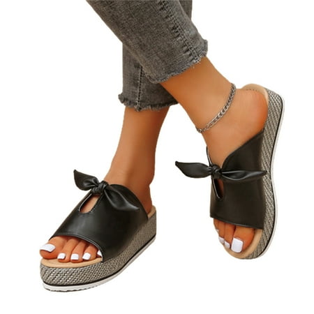 

Women Bulky Platform Slippers Bowknot PU Upper Sandals Ultra-Thick Slide Shoes