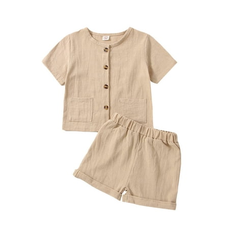 

Qtinghua Toddler Baby Boy Summer Clothes Short Sleeve Button-Down Shirt Tops+Shorts 2Pcs Set Khaki 4-5 Years