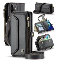 ShellTech Crossbody Wallet Women Men Bag Case for iPhone 12 mini,Magnetic Leather Flip Case RFID Blocking 7-Card Holder Zipper Bills Slot Cash Pocket Stand Cover with Shoulder Wrist Strap,Black