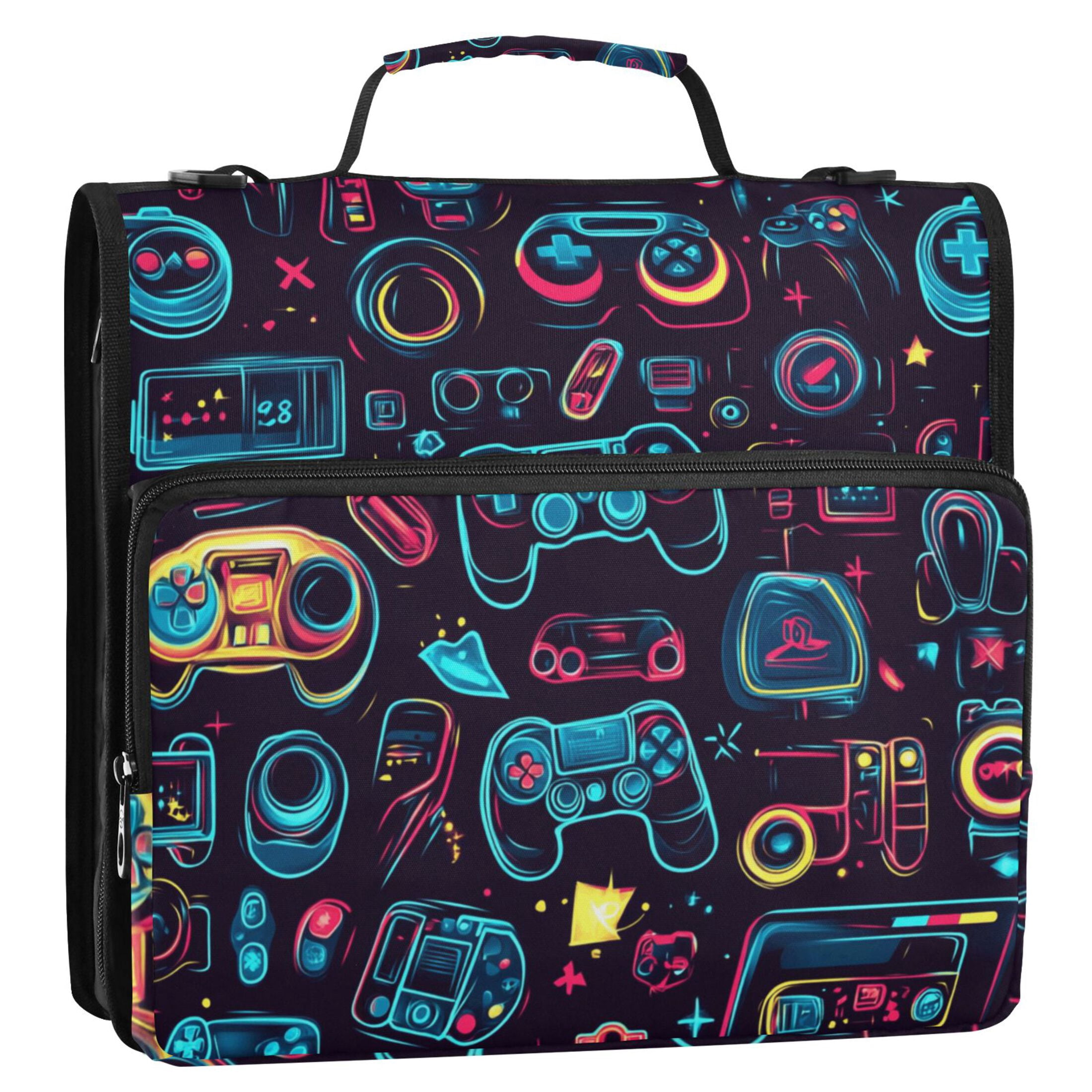 3 Ring Zipper Binder with Shoulder Strap Waterproof Trapper Keeper 1.5 Inch D-Ring 500 Sheets Capacity Neon Game Controllers