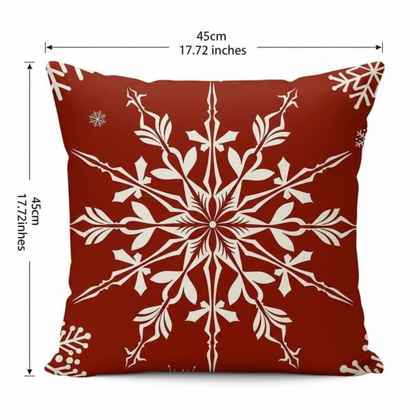 Yhmxh Fundas de cojín navideñas con fondo rojo y diseños de copos de nieve.