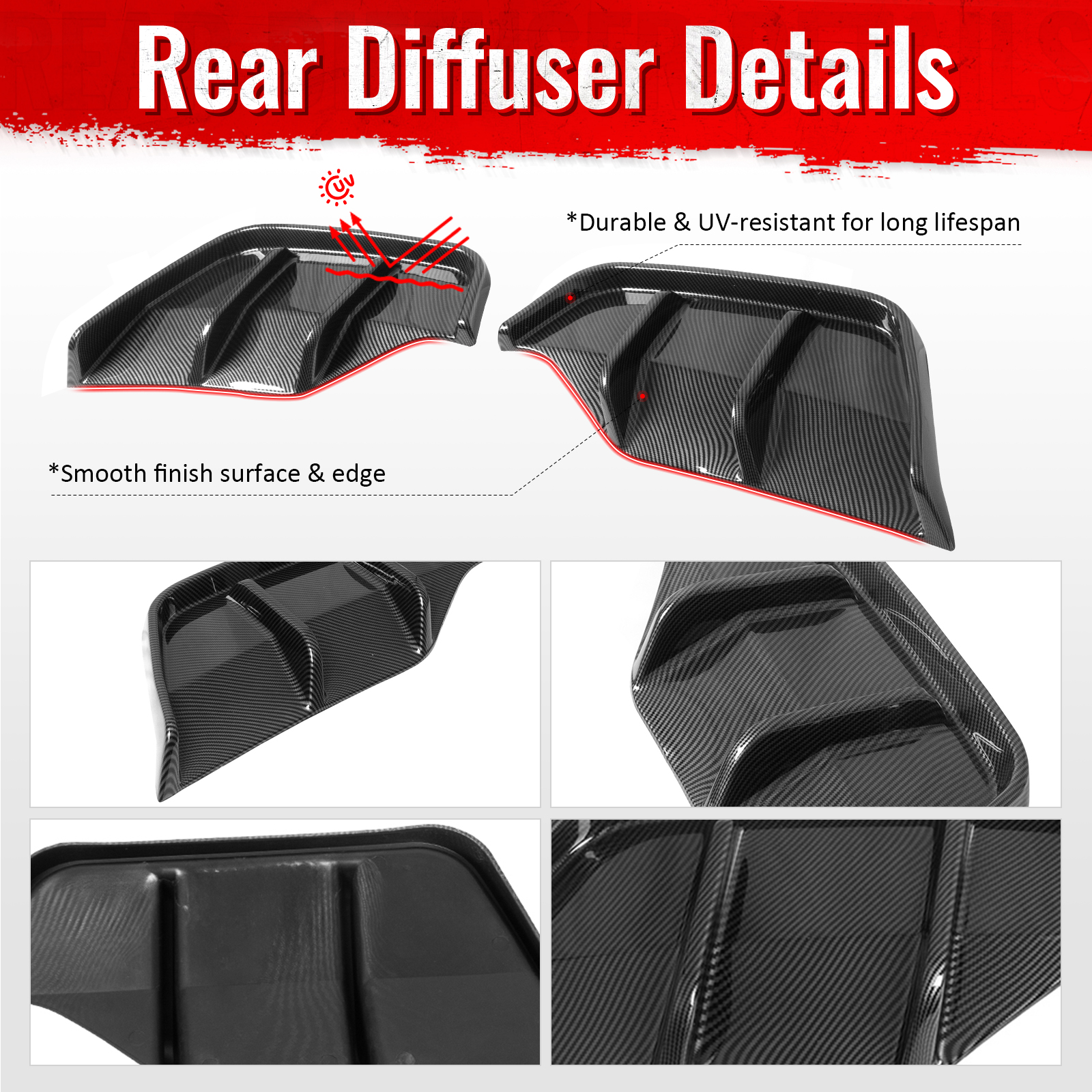 Ikon Motorsports Rear Aprons, Compatible with 2025-2026 Tesla Model Y Juniper,  IKON Style PP Polypropylene PP Carbon Fiber Print Rear Bumper Lip Lower Side Spat Valance Winglet Canard Protector 2PC
