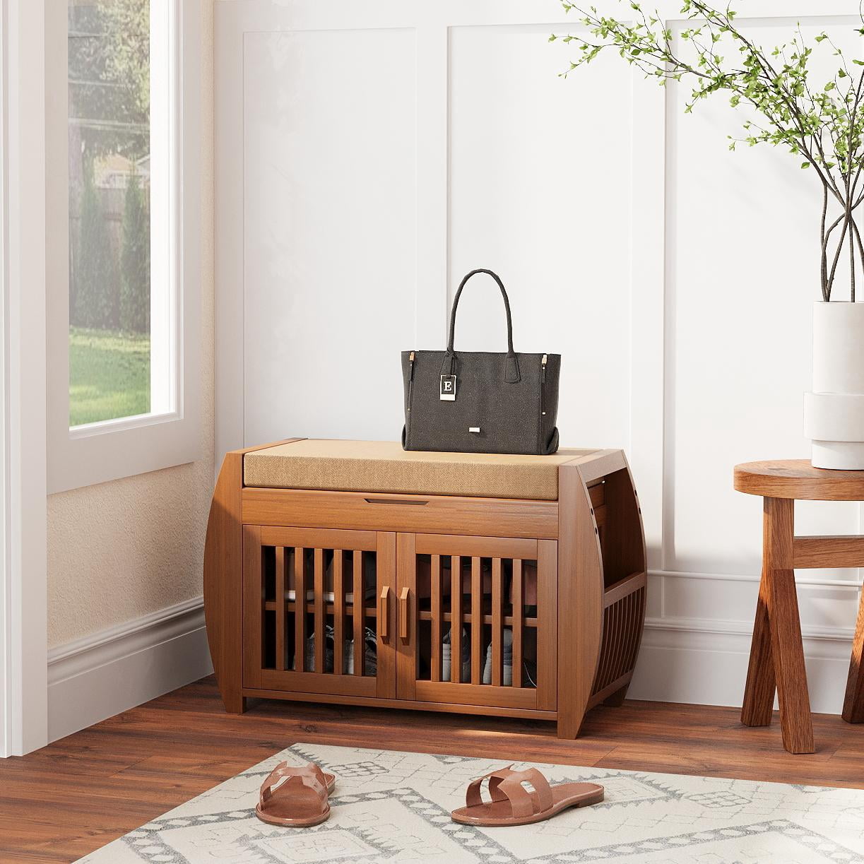 PULUOMIS Shoe Storage Bench & Bamboo Shoe Bench & Shoe Rack Cabinet Storage Benches, Entryway Storage Organizer for Style & Comfort, Detachable Cushion with Hidden Storage Compartment