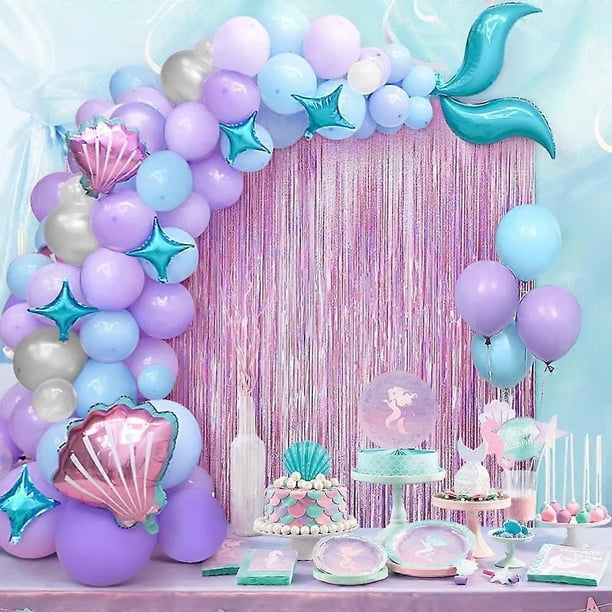 Mermaid Tail Balloon Garland Kit, 89Pcs Purple Latex Arch Balloons Foil Fringe Curtain Happy Birthday Banner Girl Wedding Under The Sea Background Par