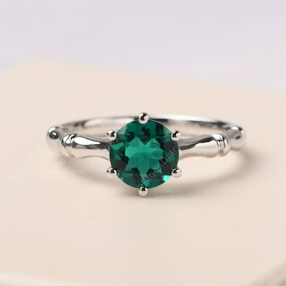 Lab created Round shaped 2 carat emerald ring sterling silver bamboo promise ring May birthstone