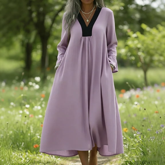BLTIBY Women's Cotton Linen Maxi Dresses Flowy Casual V Neck Color Block Vacation Dress Loose Fit Long Sleeve Summer Dress with Pockets Purple 3XL
